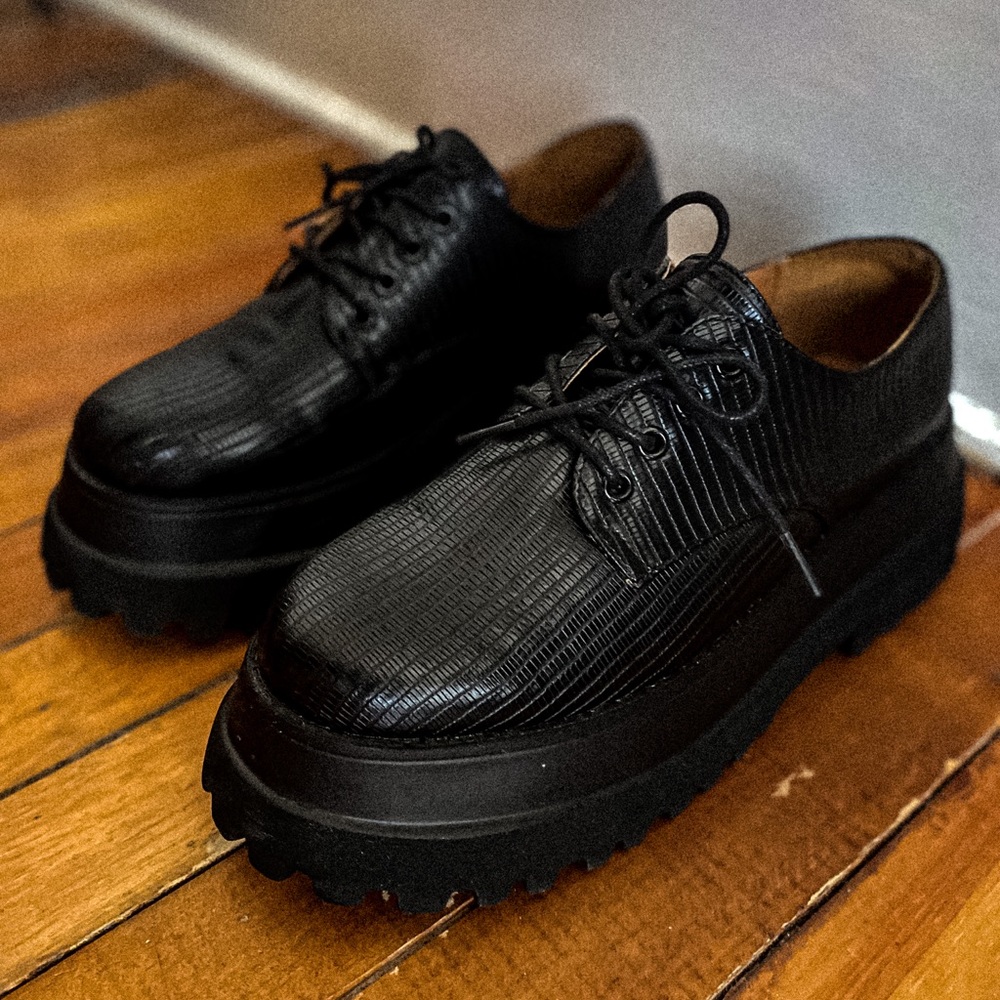 Chunky Lace-Up Platform Shoes in Black Faux Croc